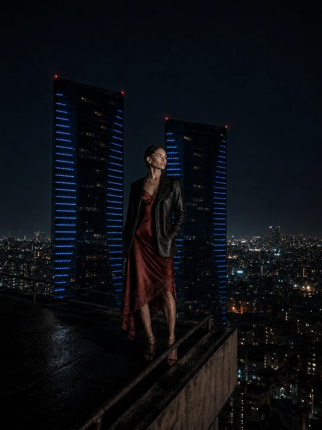 Fashion model in a burgundy dress and black leather jacket standing in front of the illuminated Jordan Gate Towers and Amman skyline at night.