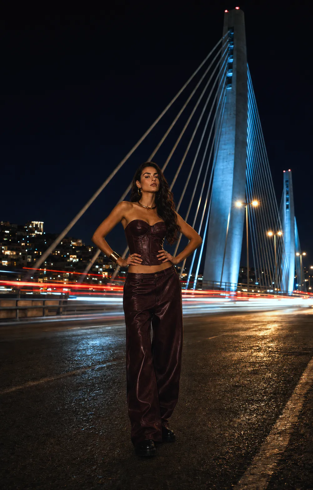 Fashion model in a burgundy outfit standing beneath the illuminated Abdoun Bridge in Amman at night.
