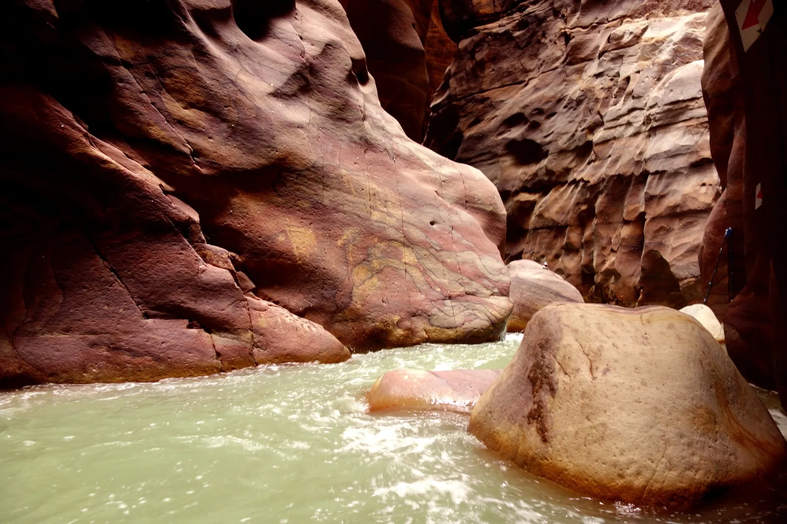 Water flowing between large red and brown rock formations inside Wadi Mujib in Jordan.