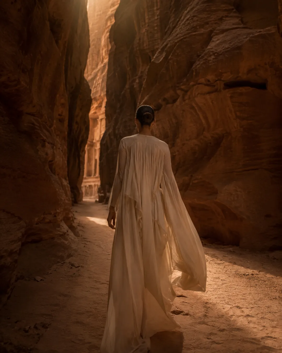 Concept image of a model in a flowing cream dress walking through the narrow red sandstone walls of the Siq in Petra.