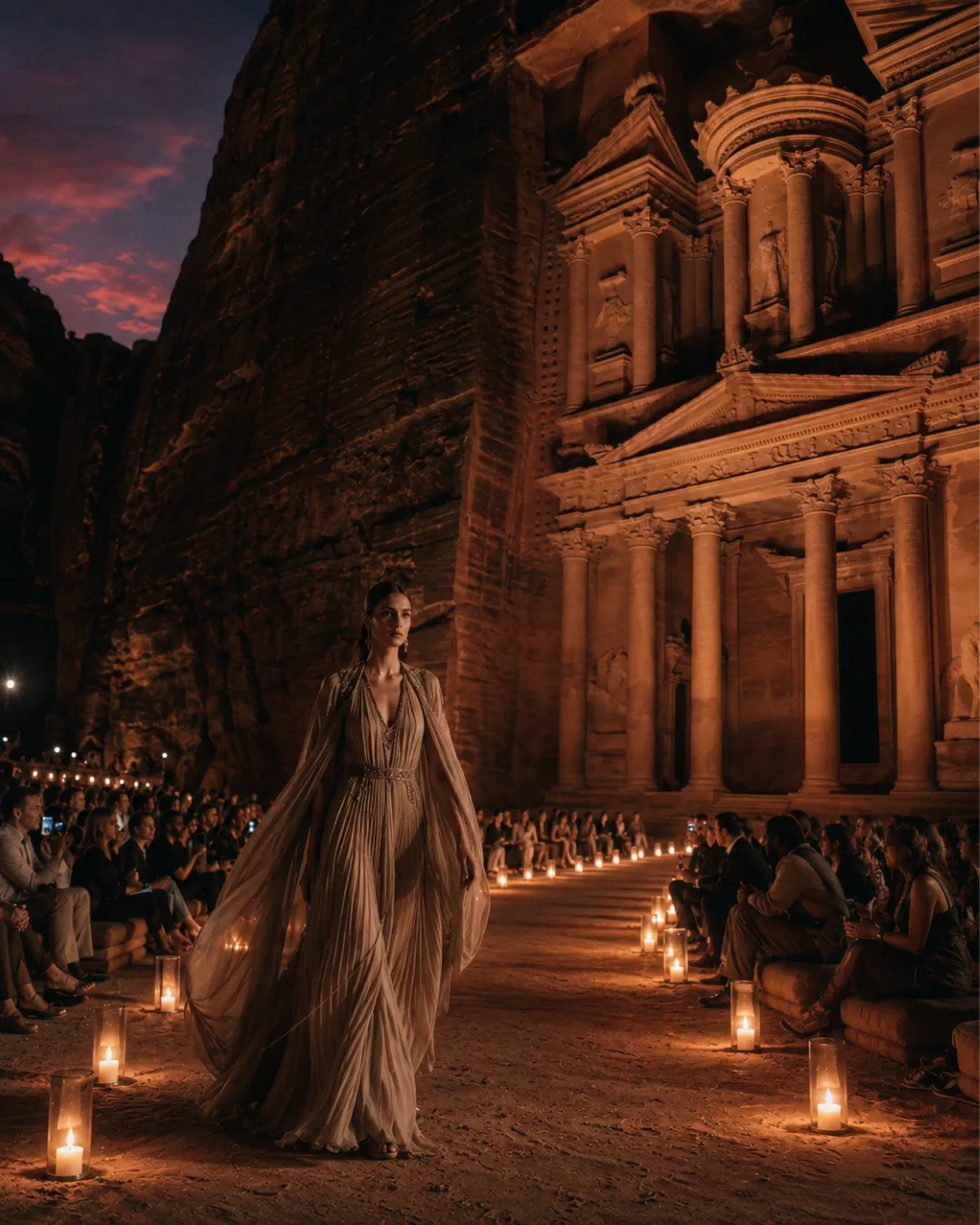 Concept image of a fashion model walking a candle-lit runway in front of the Treasury at Petra as guests sit on either side.