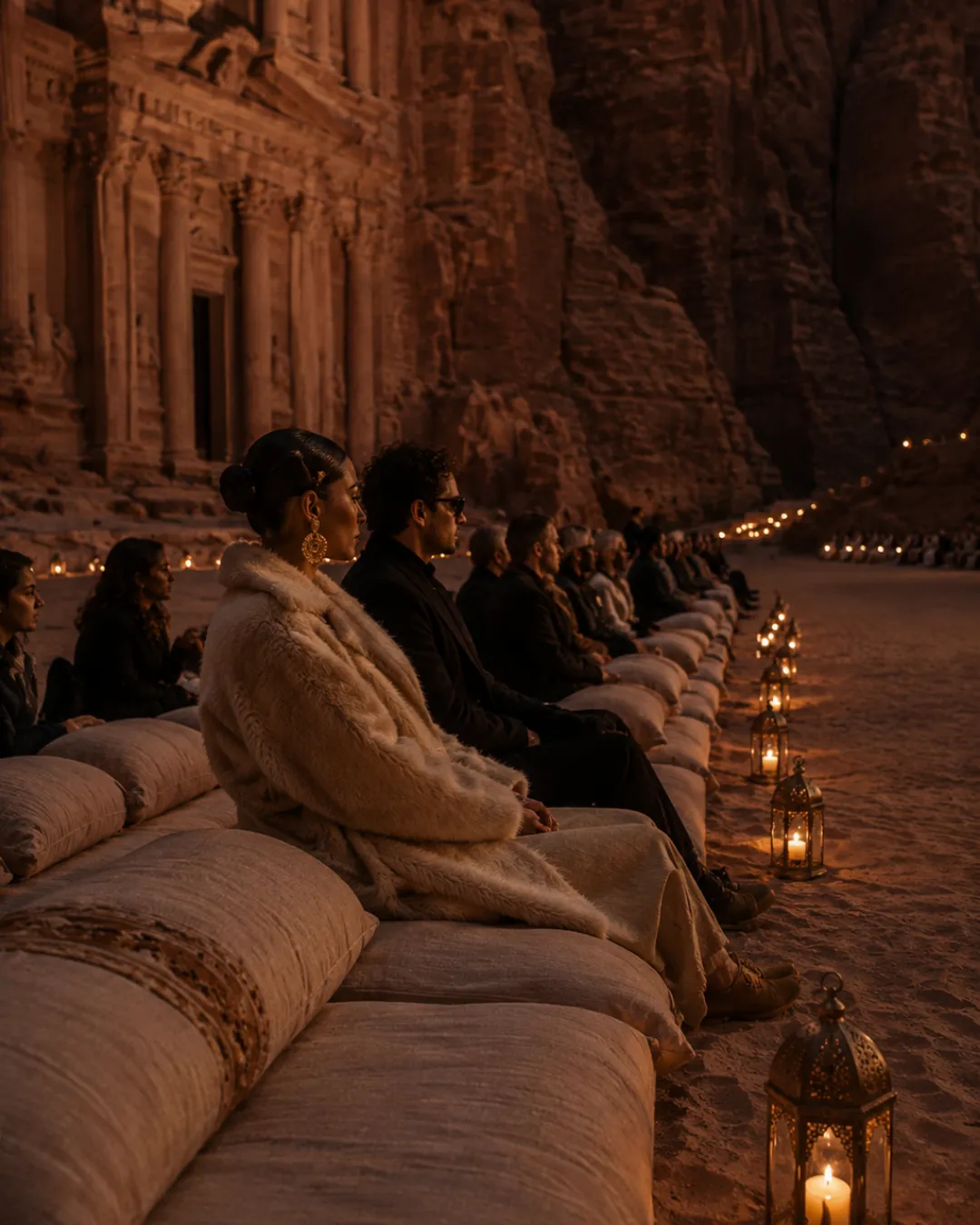 Concept image of fashion-week guests seated on cushions beside lanterns in Petra at night, with carved sandstone architecture behind them.