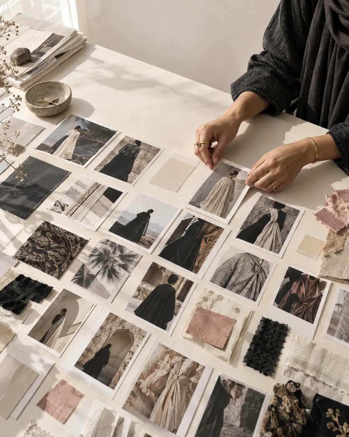 Hands arranging a grid of printed fashion images and fabric swatches across a table, assembling a reference board.