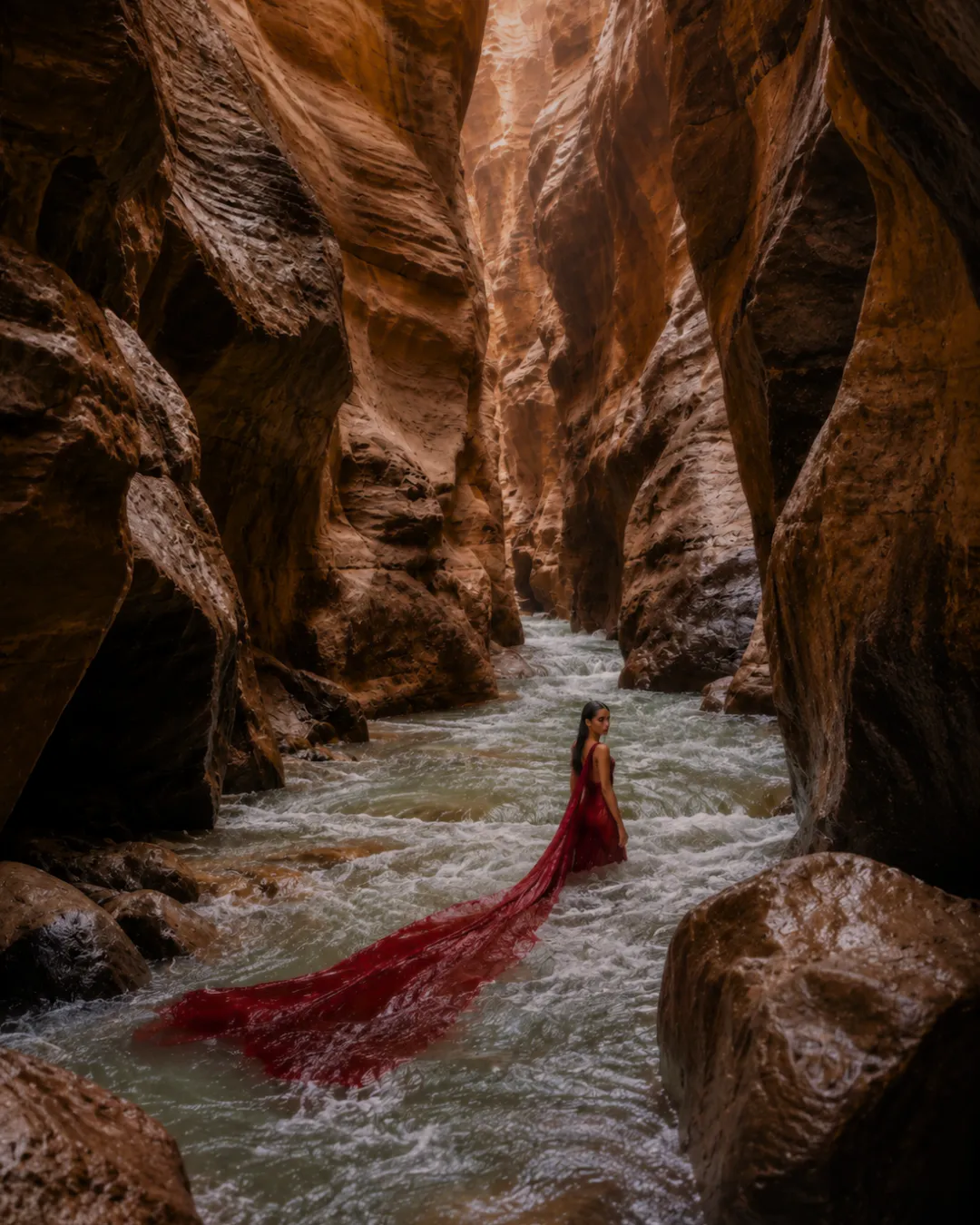 A woman in a long red gown stands in a fast-flowing river inside a deep sandstone canyon at Wadi Mujib, Jordan, her train trailing through the water toward large rocks in the foreground. AI-generated concept image.