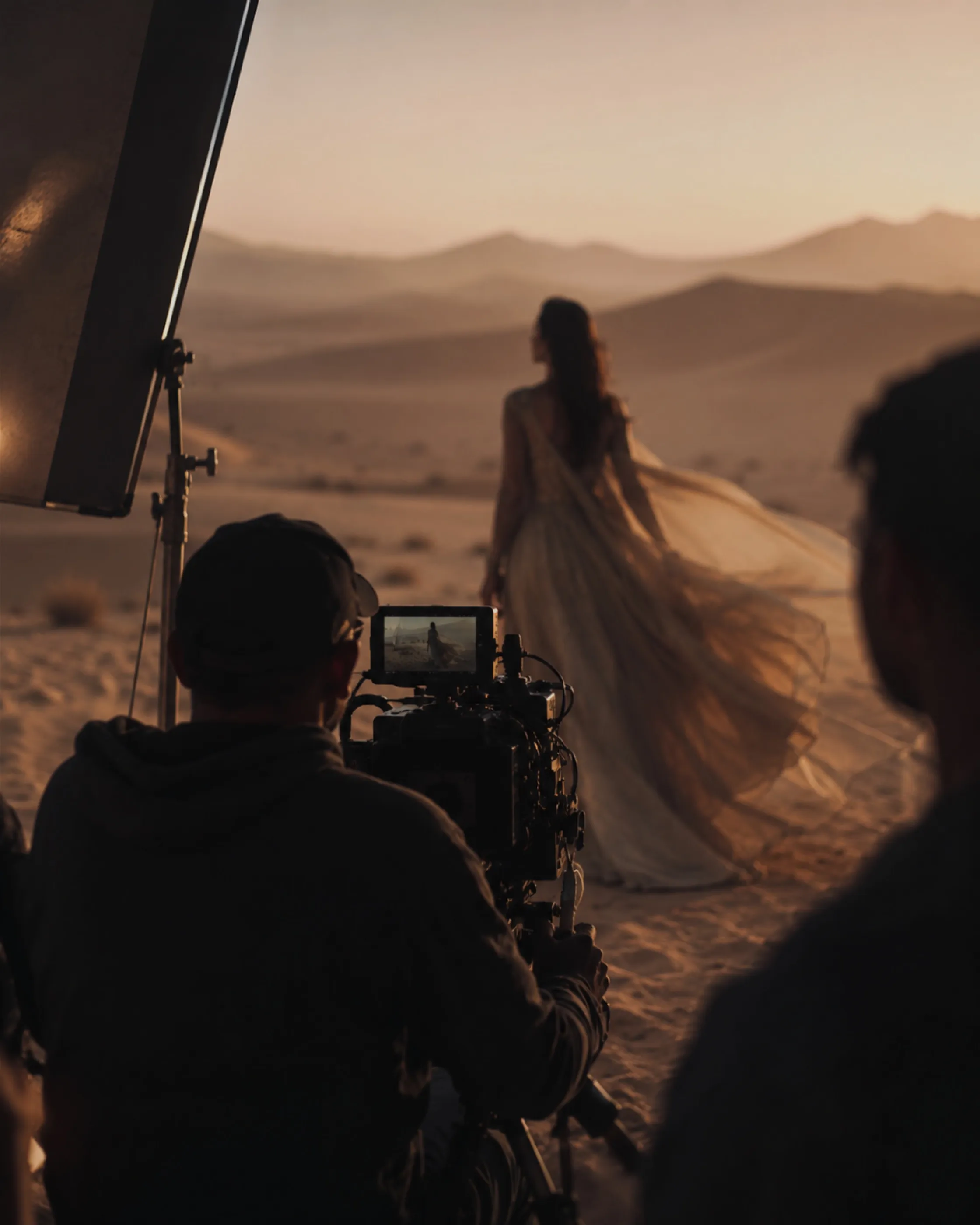A film crew shooting a model in a flowing gown on desert dunes at golden hour.